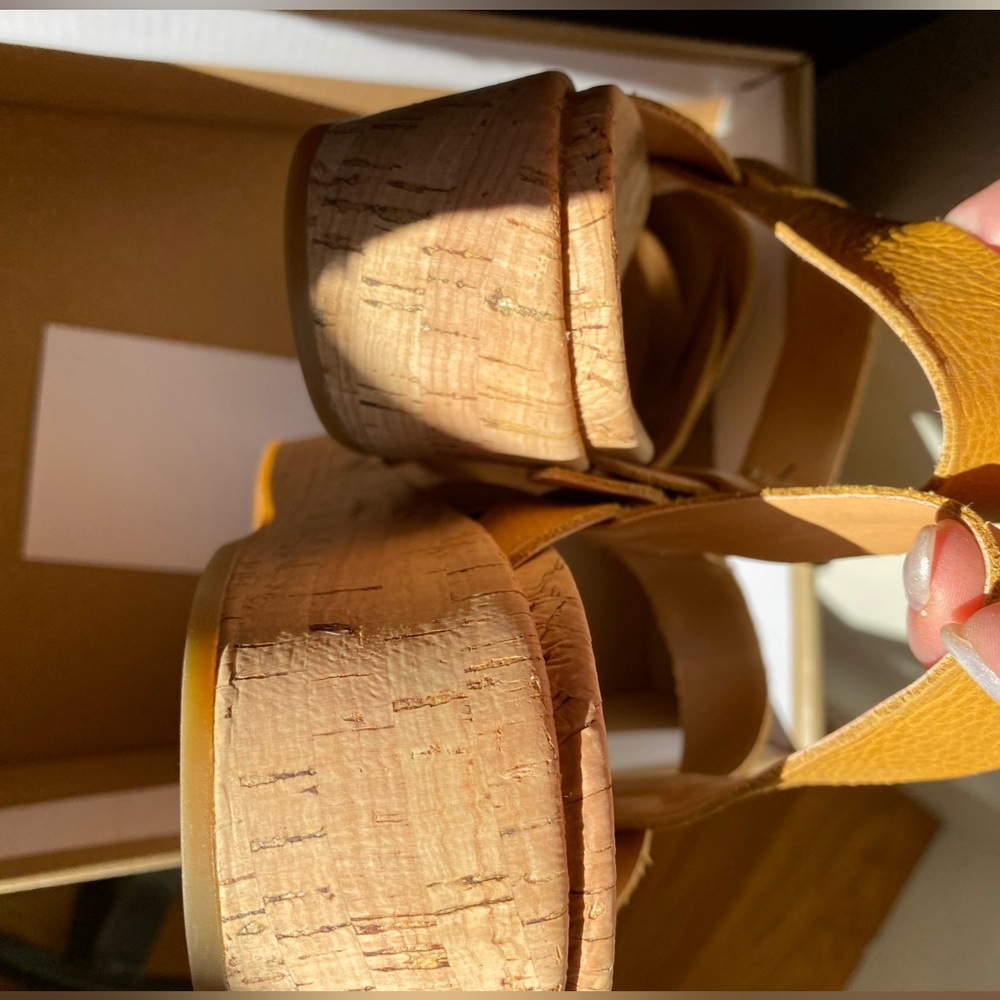 Kork-Ease Mustard Strappy Cork Wedges Size 10 Excellent Comfy Condition With Box - Picture 6 of 13